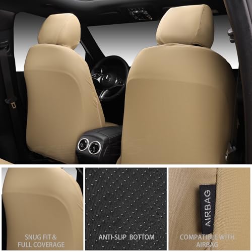CAR PASS Neoprene Waterproof Seat Covers Full Sets, Wetsuit Car Seat Covers 5 Seats Universal Fit for Vans, Truck, SUV, 3D Tyre Embossed Seat Covers Anti Slip with Armrests, Aibag Compatible All Beige - color: all Beige Neoprene, size: Full sets