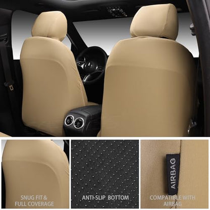 CAR PASS Neoprene Waterproof Seat Covers Full Sets, Wetsuit Car Seat Covers 5 Seats Universal Fit for Vans, Truck, SUV, 3D Tyre Embossed Seat Covers Anti Slip with Armrests, Aibag Compatible All Beige - color: all Beige Neoprene, size: Full sets