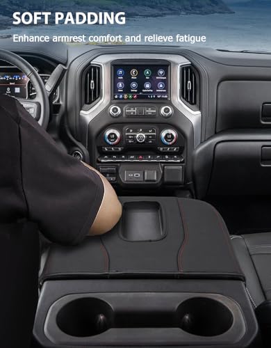 Center Console Cover for Chevy Silverado 1500 Accessories & GMC Sierra 2019-2026, Yukon & Tahoe & Suburban 2021-2026, Bucket Seat, PU Leather Armrest Middle Console Cover, Black-Red Stitch - color: Black red