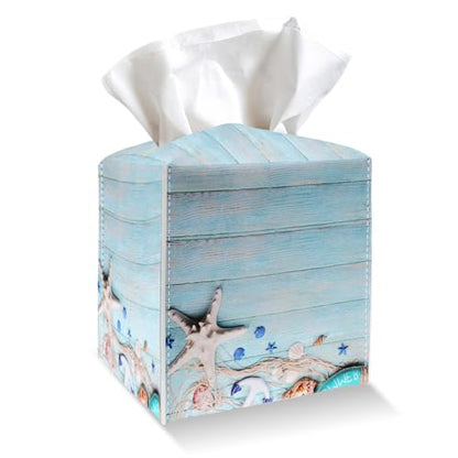 Blue Tissue Box Cover Holder - Starfish PU Leather Tissue Box Cover with Bottom Belt, Nautical Square Facial Paper Organizer for Tabletop, Bathroom, Kitchen, Car & Office -034 - color: Starfish