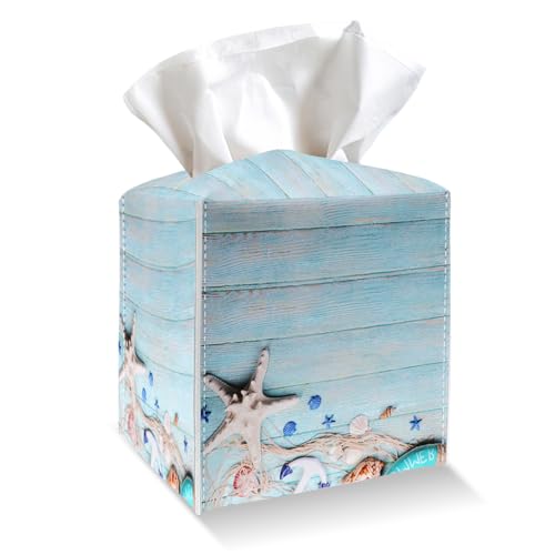 Blue Tissue Box Cover Holder - Starfish PU Leather Tissue Box Cover with Bottom Belt, Nautical Square Facial Paper Organizer for Tabletop, Bathroom, Kitchen, Car & Office -034 - color: Starfish