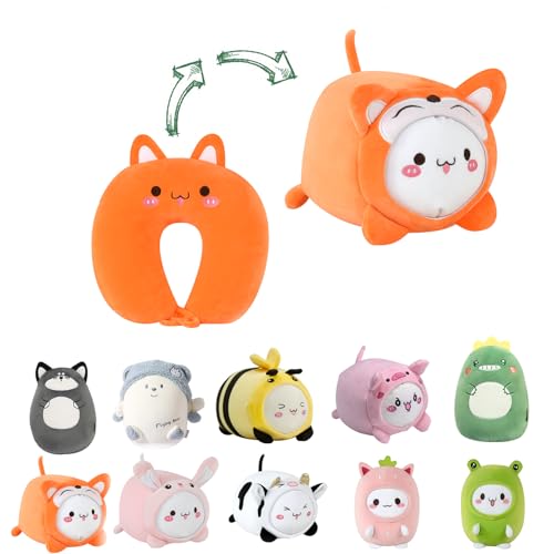Kids Travel Pillow - 2-in-1 Deformable Kids Neck Pillow for Traveling, Soft U-Shaped Pillow with Adorable Animal Design, Comfy Sleep and Play, Ideal for Airplanes and Traveling (QQ Orange Fox) - size: QQ Orange Fox
