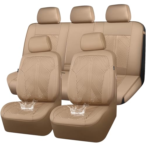 CAR PASS Waterproof Car seat Covers Full Sets Neoprene Wetsuit, All-Weather Non-Slip Durable, Universal Fit for SUV Sedans Trucks Vans Automotive, Armrest Airbag Compatible, 3D Emboss All Beige - color: ALL Beige, size: Full Set