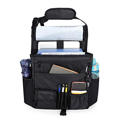LUXJA Car Front Seat Organizer with Cover and Laptop Sleeve, Car Seat Organizer with Back Adjustable Straps, Black - color: Black