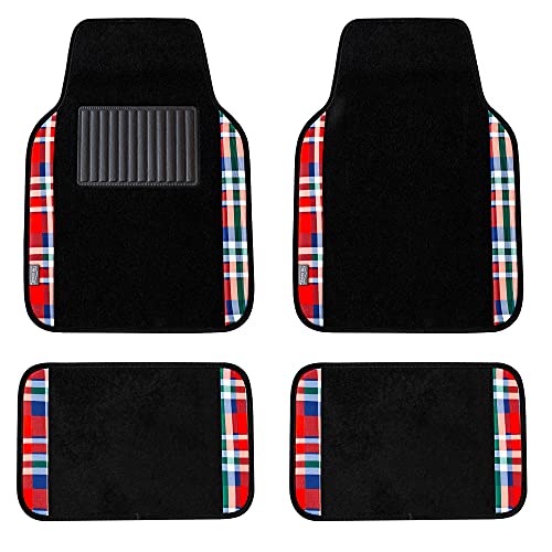 FH Group Car Floor Mats - Plaid Trim Carpet Floor Mats for Cars, Universal Fit Automotive Floor Mats, All Purpose Car Floor Mats, Carpet Protector Mat for Most Sedan, SUV, Truck Floor Mats Red - color: Red, style: Floor Mats