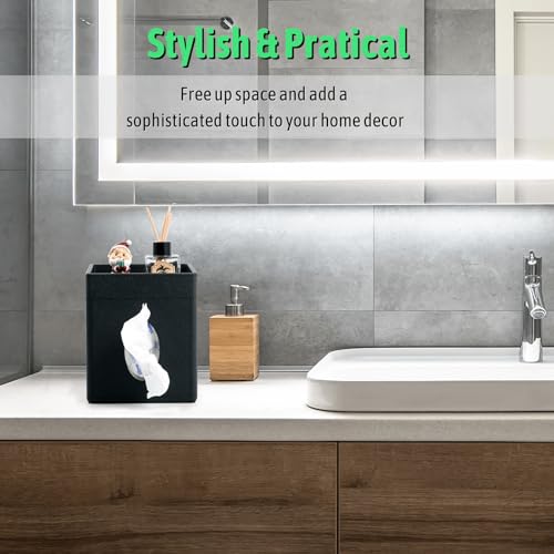 Tissue Box Cover, PU Leather Square Tissue Box Holder with Upper Storage Tray for Bathroom/Countertop/Nightstand/Office Table - Black