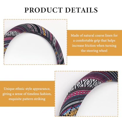 Boho Steering Wheel Cover, 15 Inch Coarse Flax Cloth Ethnic Style Anti-Slip Car Wheel Wrap, Universal Breathable Bohemian Steering Wheel Protector for Cars Vans Trucks (J) - color: J