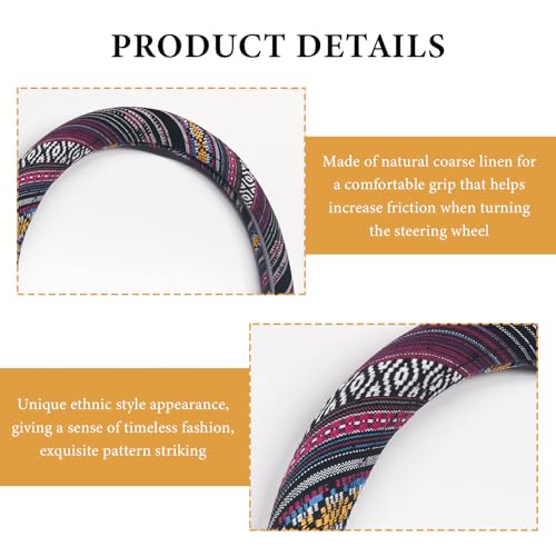 Boho Steering Wheel Cover, 15 Inch Coarse Flax Cloth Ethnic Style Anti-Slip Car Wheel Wrap, Universal Breathable Bohemian Steering Wheel Protector for Cars Vans Trucks (J) - color: J