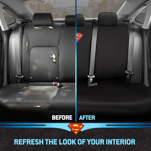 BDK Warner Brothers DC Superman Front & Rear Car Seat Covers Full Set - Easy to Install Durable & Polyester Car Seat Cover - All Vehicles Airbag Compatible Universal Car Accessories (Black & Gray) - size: Full Set, style: Superman