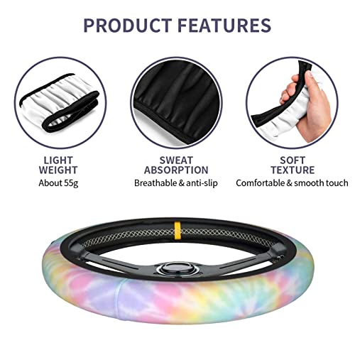 Rainbow Tie Dye Steering Wheel Cover for Women Men with 2 Pcs Car Coasters, Universal 14.5-15 Inch Rainbow Steering Wheel Covers Non-Slip Car Accessories for Girls - color: tie dye