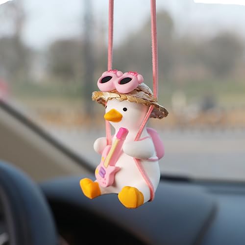 Rear View Mirror Hanging Accessories of Swinging Duck Cool Swinging Duck Car Hanging Ornament Pendant Interior Rearview Mirror Decoration (White-Pink Duck) - color: Car Hanging Duck Guitar