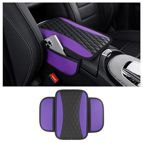 Leather Car Center Console Cover with Side Pockets,Stylish Car Decorations Interior Armrest Cover for Car Seat Organizer,Universal Center Console Protector Fit Car SUV Truck (Purple) - color: Purple