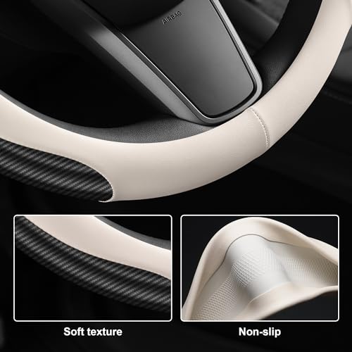 Nappa Leather car Steering Wheel Cover,Carbon Fiber Sports car Interior Non-Slip Ultrathin 15 inches Universal (White) - color: WHITE