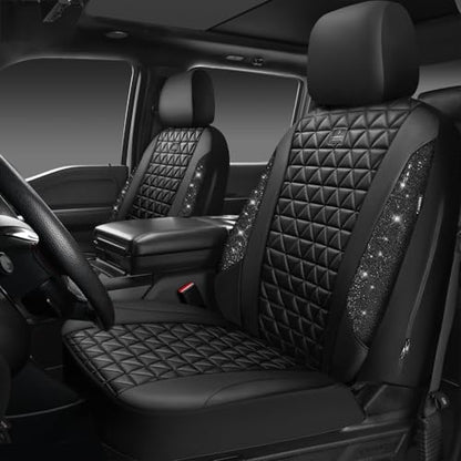 CAR PASS Bling Diamond Leather Car Seat Covers 2 Front Seats Interior Sets, Waterproof Shining Glitter Sparkly Crystal Universal Armrest Fit Automotive Truck SUV Cute Women Girl, Black PU Rhinestone - color: Black Diamond, size: Two Front Seats