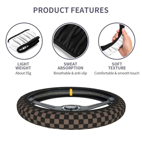 Checkered Black Brown Steering Wheel Cover Black Brown Checkered Steering Wheel Cover Anti-Slip Breathable Universal for 15 Inch Car with 2 Pieces Car Coasters Suitable - color: 1-Checkered Brown