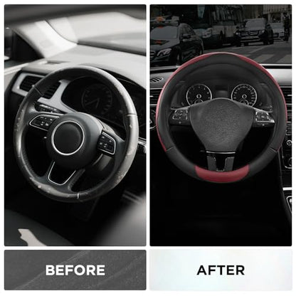 Road Comforts Steering Wheel Cover, Breathable Anti-Slip Leather Steering Wheel Cover, Universal Fit 14.5–15 Inch, Comfortable Grip - Redwine Color