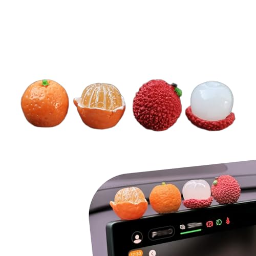 4 PCS Cute Fruit Car Dashboard Decorations, Lychee & Orange Shaped Auto Center Console Ornaments, Mini Non-Slip Interior Decor for Car Screens, Universal for Most Cars
