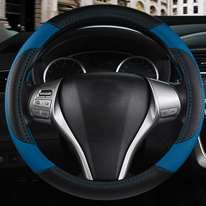 Leather Car Steering Wheel Cover, Non-Slip Car Wheel Cover Protector Breathable Microfiber Leather Universal Fit for Most Cars (Blue-2) - color: Blue-2