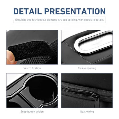 Car Armrest Cushion, Leather Center Console Cover Protector, Multifunctional Storage Pad with Dual Cup Holder, Tissue Box & Side Card Slot, Universal for Most Cars (Black) - color: Black