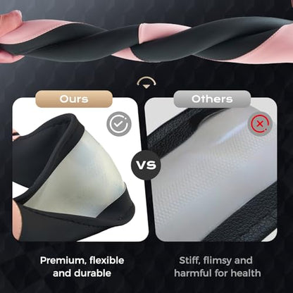 Coverado Car Steering Wheel Cover, Nappa Leather Black & Pink Steering Wheel Covers for Women, Universal 14-15 inch, Anti-Slip, Breathable Steering Wheel Protector - color: B-BlackPink