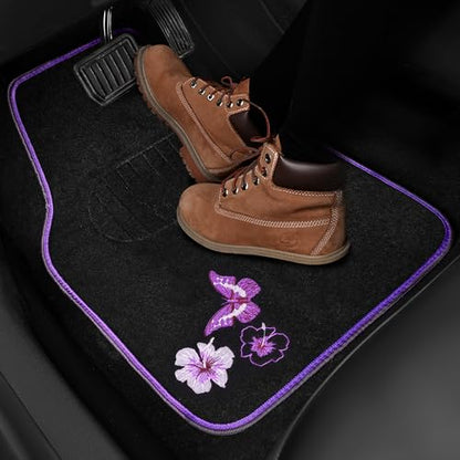 CAR PASS Embroidery Butterfly and Flower Car Floor Mats, Purple Car Floor Mats, Universal Fit 95% Automotive,SUVS,Sedan,Vans,for Women,Girly,Set of 4(Black with Purple) - color: Purple Butterfly and Flower