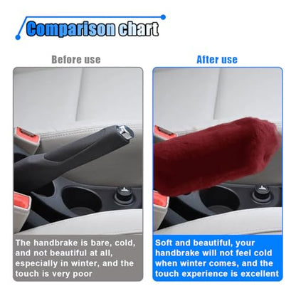 2PCS Plush Car Gear Shift Knob Cover & Handbrake Cover, Soft Fluffy Shift Knob Brake Handle Protector, Universal Car Interior Accessories (Burgundy) - color: Burgundy