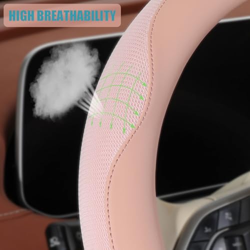 Nappa Leather Pink Steering Wheel Cover, Advanced Microfiber Leather Non-Slip Breathable Fabric, Warm in Winter and Cool in Summer, Universal 15 inch - color: Pink, size: Round-M[14.5''-15'']