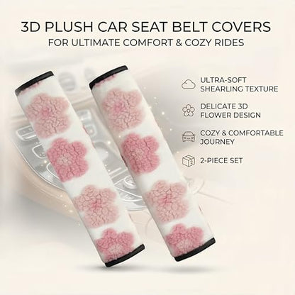2 Pack Cute Floral Seat Belt Cover, Soft Plush Lamb Wool Shoulder Pad with Hook & Loop Easy Install, Universal Fit Car Accessories (Pink)