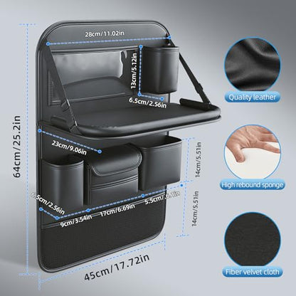 Primst 2 Pack Leather Car Backseat Organizer with Foldable Table Tray, Car Storage Organizer with Tablet Holder, Car Seat Back Protectors Kick Mats Travel Accessories