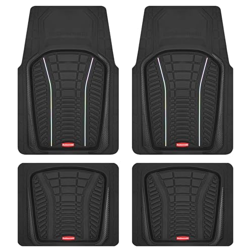 Rubbermaid Car Floor Mats Full Set – Premium All-Weather Car Mat with Brushed Aluminum Inserts, Universal Trim-to-Fit Design, Anti-Slip Backing for Cars, SUVs, Trucks, and Vans - color: Black