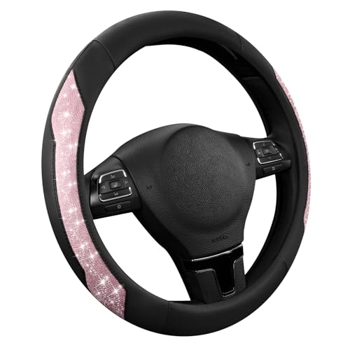 PIC AUTO Steering Wheel Cover, Pink Sparkly Crystal Bling Glitter with Leather, Universal Fit 14.5"-15.5" Car Steering Wheels for Girls & Women, Anti-Slip Wheels Cover for Cars, Trucks, Van, SUVs - color: Pink Glitter