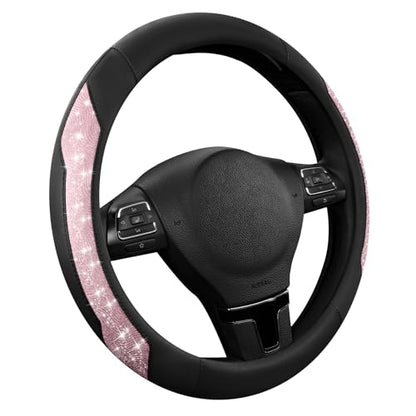 PIC AUTO Steering Wheel Cover, Pink Sparkly Crystal Bling Glitter with Leather, Universal Fit 14.5"-15.5" Car Steering Wheels for Girls & Women, Anti-Slip Wheels Cover for Cars, Trucks, Van, SUVs - color: Pink Glitter