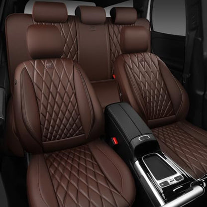 CAR PASS Piping Luxury Faux Leather Seat Covers Full Set, 5 Seats Anti-Slip Waterproof Seat Covers Compatible with Front Armrests, Universal Fit for Suvs,Vans,Trucks,Airbag Compatible, Pure Brown - color: Pure Brown, size: Full Set