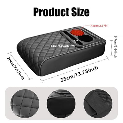 Leather Car Armrest Cup Holder Cushion, Memory Foam Car Arm Rest Cushion with Cup Holder & Phone Storage, Waterproof Ergonomic Armrest Box, 13.78" x 7.78" (Black)