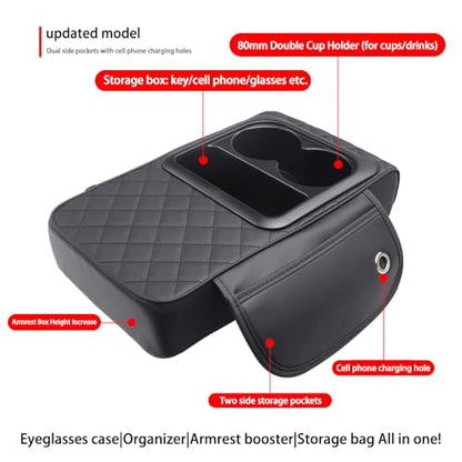 Universal Car Armrest Cushion Organizer - PU Leather Center Console Pad with Cup Holder, Phone Storage & Side Pockets, Multifunctional Armrest Cover for Most Vehicles