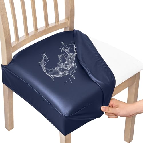 Smiry Waterproof Pu Leather Seat Covers for Dining Room Chairs Set of 2, Stretch Fit Removable Washable Kitchen Chair Seat Slipcovers Protector, No Rear Covers, Navy Blue - color: Navy Blue, size: Set of 2
