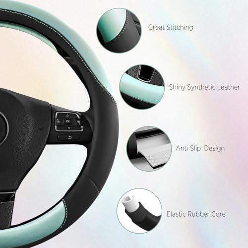 Road Comforts Steering Wheel Cover – Breathable Leather Steering Wheel Cover, Anti-Slip Grip, Universal Fit 14.5” to 15”, Heat & Cold Resistant for Cars, SUVs, and Trucks – Black & Shining Light Blue - color: Black&Light Blue