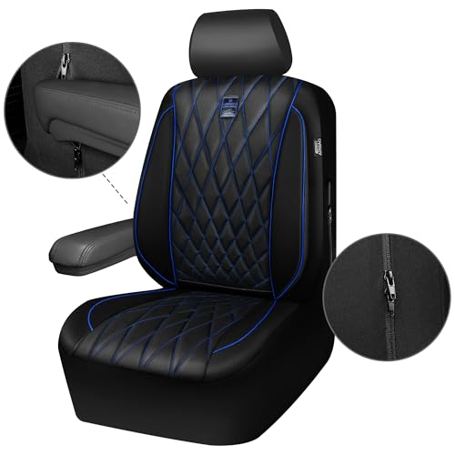 CAR PASS Piping Luxury Leather Seat Covers Full Set,5 Seats Anti-Slip Waterproof Seat Covers Compatible with Front Armrests,Universal Fit for Sendan SUV Van Truck,Airbag Compatible,Black and Blue - color: Black with Blue, size: Full Set