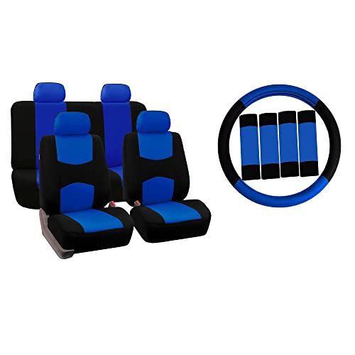 FH Group Car Seat Covers Flat Cloth Automotive Blue Full Set, Rear Solid Bench Universal Fit Combo Steering Wheel Cover & Seat Belt Pads Car Seat Protector for Cars Trucks SUV Interior Accessories - color: Blue / Black