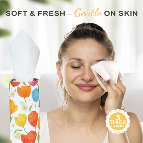 Car Tissue Holder (4 PK) - 50 3-Ply Tissues per Cylinder, Fits Car Cup Holders, Portable Travel Tubes Box Container, Tulip Design, Round Tissue Container for Car Accessories - style: Tulip