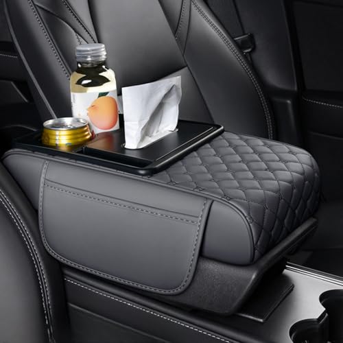 Center Console Cover Organizer, 5-In-1 Arm Rest Cover for Car with Cup Holder & Storage Pocket & Tissue Holder, Armrest Cover Cushion Pad, Grid, Grey - color: Grey, size: Grid