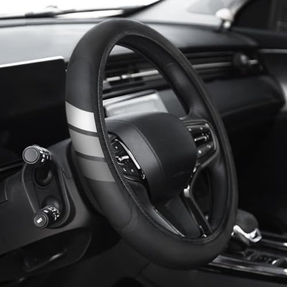 Premium Leather Steering Wheel Cover Compatible with Toyota Tacoma 4Runner Tundra TRD Camry Rav4 Cars, Universal Fit 14-15 Inch, Breathable, Comfortable Grip, Lightweight, Easy Install Accessory - color: Tri-color Gray