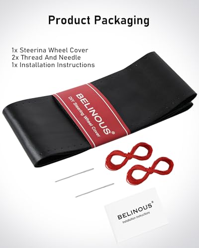 BELINOUS Leather Steering Wheel Cover Lace Up, Stitch on Steering Wheel Wrap, Universal Fit 13-20 Inch Car Truck Pickup Boat, A Whole Piece of Cowhide, DIY w/Needle Thread (Size XL0, Black & Red) - color: Black and Red, size: XL0