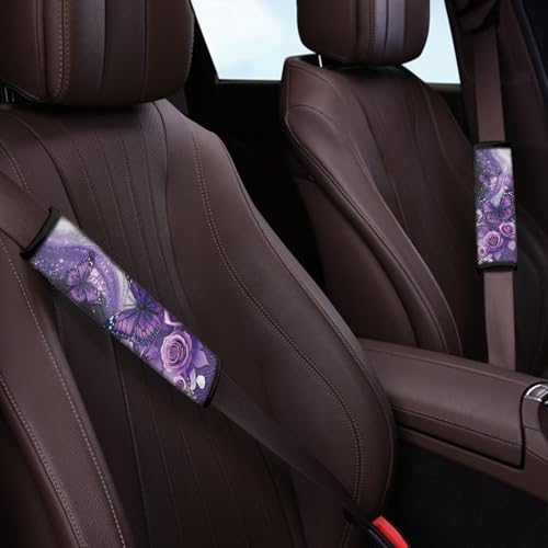 Dreaweet Car Seat Belt Cover Pad Purple Rose Butterfly Seatbelt Covers for Women Universal Auto Accessories 2 Pcs Seatbelt Cushions Comfy Soft Car Seat Strap Covers - color: Rose Butterfly