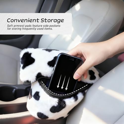 Fluffy Car Armrest Cover with Side Pockets – Plush Fuzzy Fur Center Console Armrest Cushion Pad, Universal Winter Car Interior Protector, Soft Arm Rest Cover with Storage for Women & Men (COWS)
