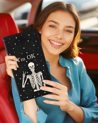 Slohif Car Registration and Insurance Holder - Skeleton Vehicle Glove Box Organizer Women with Magnetic Shut Leather Automobile License Holders Coasters Auto Accessories Case for Document - color: Skeleton