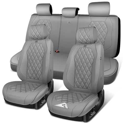 CAR PASS Luxury Nappa Leather Seat Covers Full Set, 3D Rhombus Waterproof Faux Leather Seat Covers, Universal Automotive Seat Cushion Fit for Most Sedan SUV Truck Van, Armrest Airbag Compatible Gray - color: gray