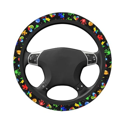 Autism Awareness Steering Wheel Cover Anti-Slip,Sweat Absorption Universal 15 inch Steering Wheel Covers Cute car Accessories for Men Women - color: Black 2