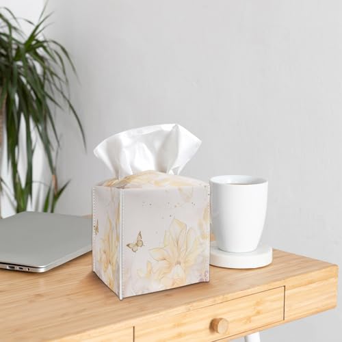 Tissue Box Cover Holder - Golden Flower and Butterfly PU Leather Tissue Box Cover with Bottom Belt, Square Facial Paper Organizer for Tabletop, Bathroom, Kitchen, Car & Office -042 - color: Golden Flower