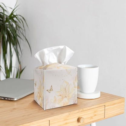 Tissue Box Cover Holder - Golden Flower and Butterfly PU Leather Tissue Box Cover with Bottom Belt, Square Facial Paper Organizer for Tabletop, Bathroom, Kitchen, Car & Office -042 - color: Golden Flower